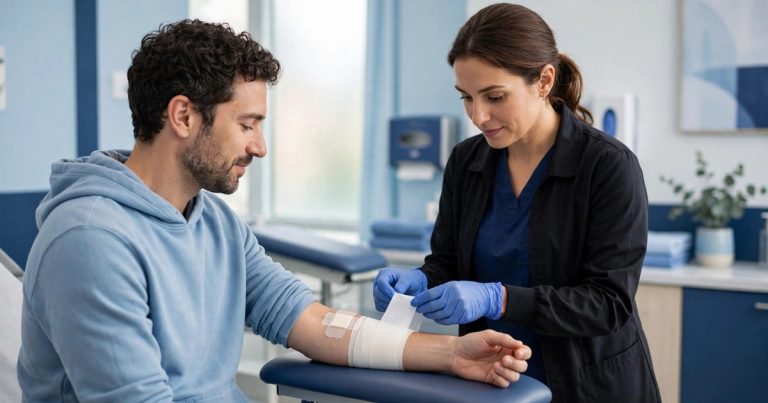 Provider bandaging a cut on a patient's arm at urgent care