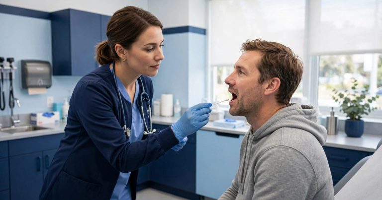 Provider doing a throat swab test at an urgent care clinic
