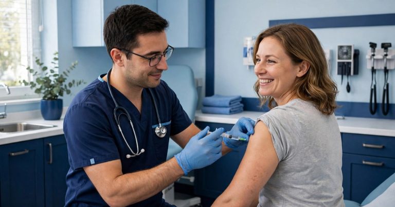 Patient receiving a flu shot at a clinic in Riverdale, GA