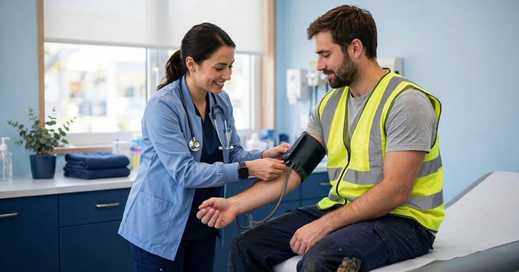 New employee having blood pressure checked at a pre-employment physical
