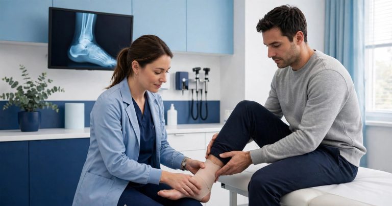 Provider examining a sprained ankle with an X-ray on screen