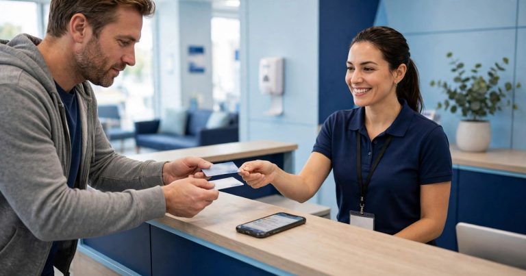 Patient handing an insurance card to a receptionist at urgent care check-in