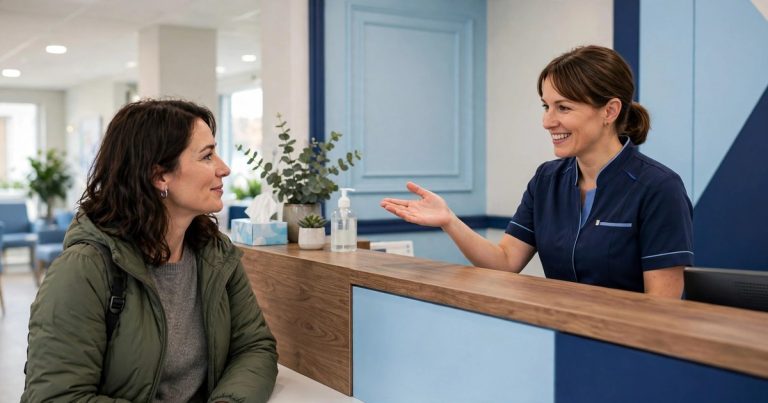 Patient asking about visit costs at an urgent care front desk in Georgia